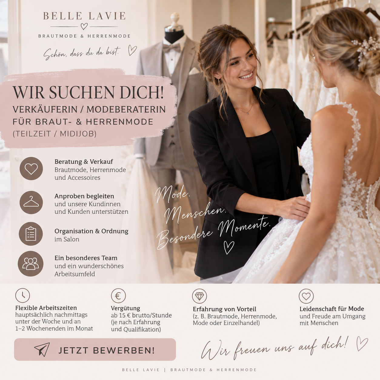 Stellenanzeige für Verkäuferin oder Modeberaterin für Braut- und Herrenmode bei Belle Lavie