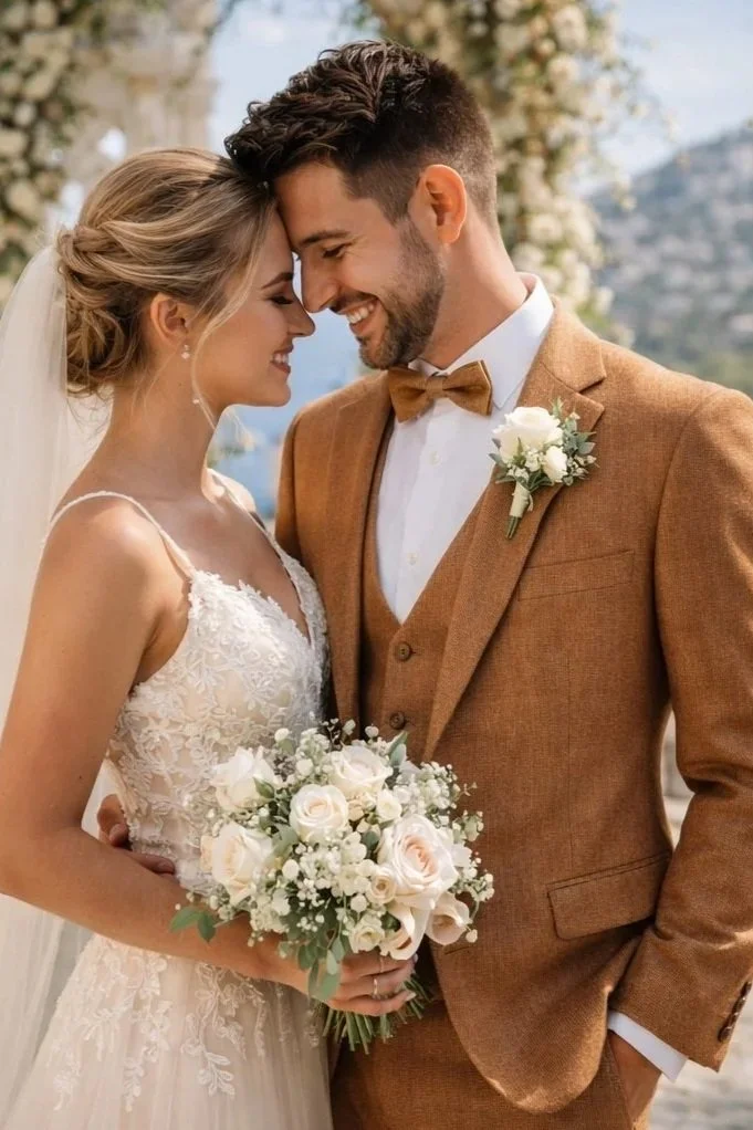 Brautpaar mit Bräutigam im cognacfarbenen Hochzeitsanzug und Holzfliege