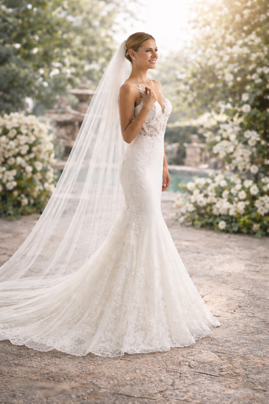 Softtüll- Schleier in Ivory mit feiner Kurbelkante – leicht, fließend und elegant. Made in Poland.