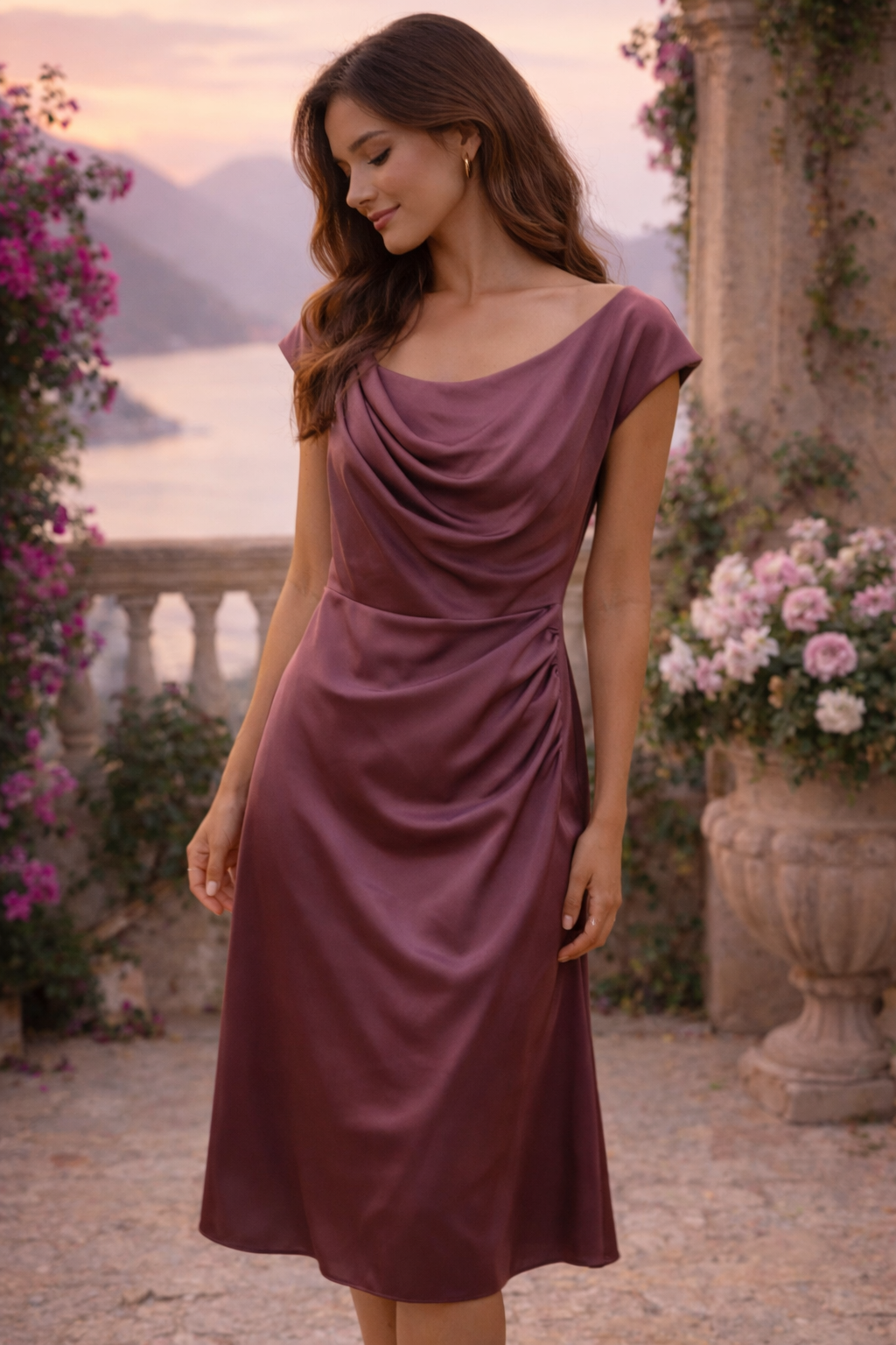 Rosewood Elegance – Satin Cocktailkleid mit Drapierung Gr 42