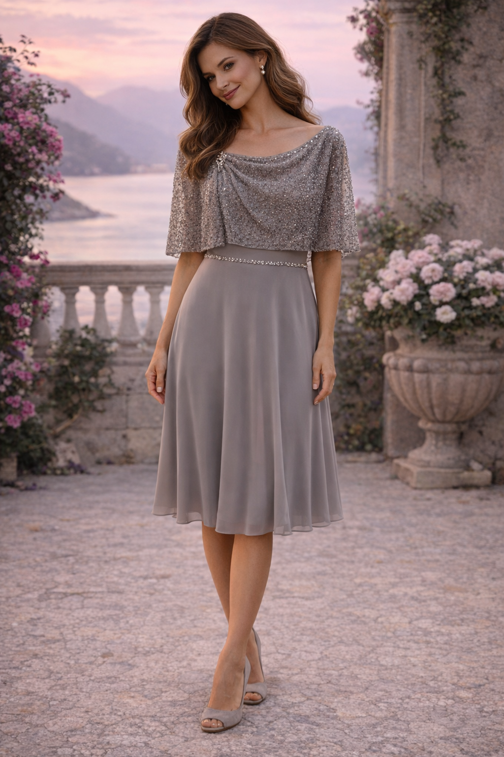 Elegant Silver – Cocktailkleid mit Glitzer-Cape & Drapierung Gr. 40