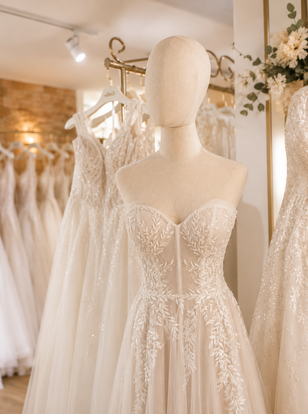 Ein Brautkleid auf Spitzenbrautkleid mit transparentem Korsagen-Oberteil in der Belle Lavie Brautboutiqueeinem Maskenständer in einem Brautmodengeschäft, umgeben von weiteren weißen Brautkleidern.