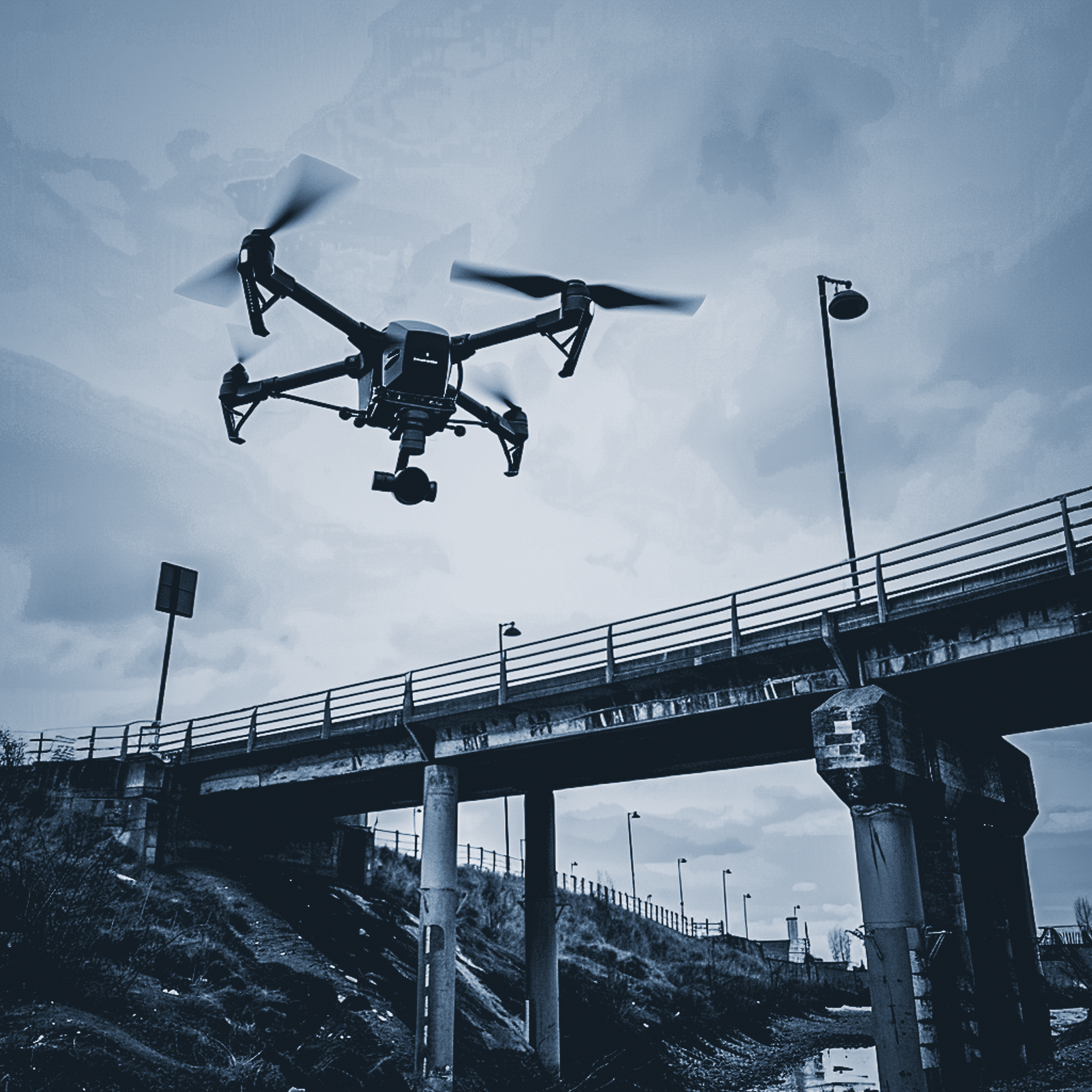 Airsuv conducts professional drone inspections of bridge infrastructure across the UK, capturing high-resolution aerial imagery and UAV data for structural analysis and safety assessment. This image shows a drone in operation during a live inspection