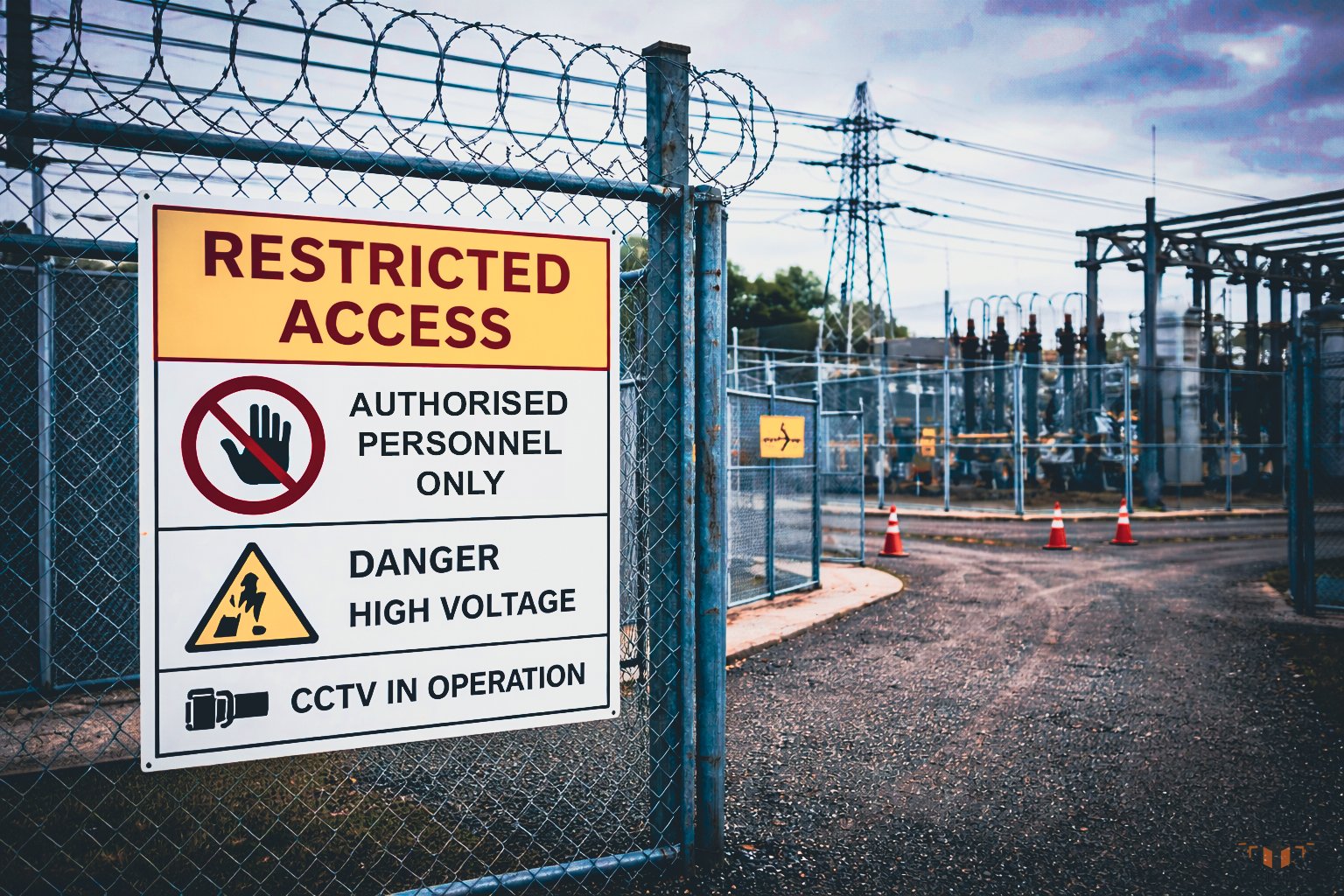 Fence with sign indicating restricted access to authorized personnel only, high voltage danger, CCTV in operation, at a power plant or electrical substation.