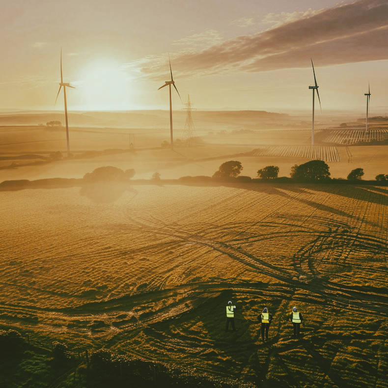 Aerial drone inspection capturing wind turbines and energy infrastructure at sunrise in Yorkshire.