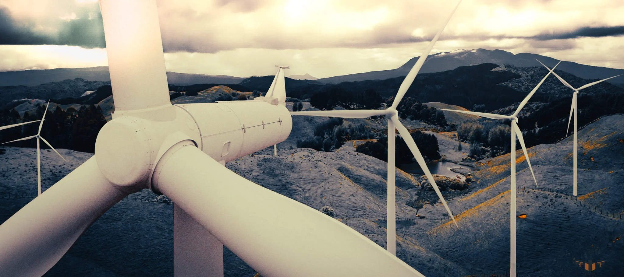 Airsuv providing aerial data for featuring a white wind turbine and several other wind turbines in the distance on a hilly terrain with mountains and cloudy sky in the background.