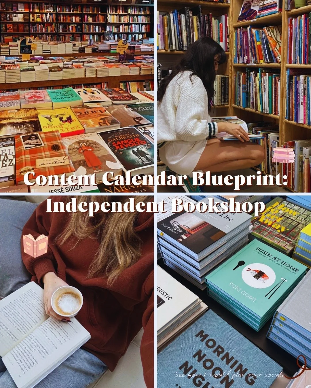 Content for an independent bookshop shouldn&rsquo;t feel rushed or loud. It should feel like walking through the door on a quiet afternoon - thoughtful, cosy and intentional📚

This carousel shows how I&rsquo;d plan a content calendar blueprint for a