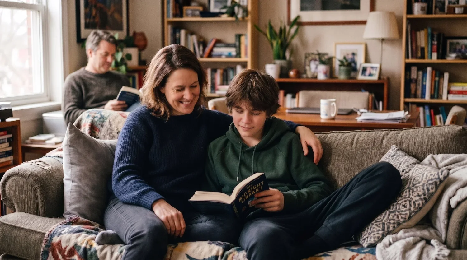 A family relaxing together on the sofa at home