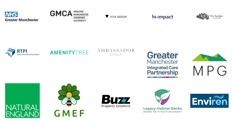 A collection of logos from various organizations including NHS Greater Manchester, GMCA, VITA Group, Port Sunlight Village Trust, RTPI, Amenity Tree, Ambassador Group, Greater Manchester Integrated Care Partnership, MPG, Natural England, GMEF, Buzz Property Solutions, Legacy Habitat Banks, and Environ.