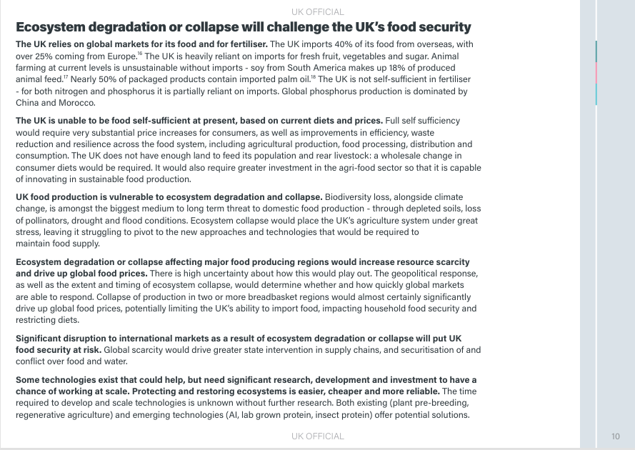 A detailed UK government report discussing the challenges of ecosystem degradation and collapse affecting the UK's food security, including issues like reliance on imports, unsustainable farming, low self-sufficiency, vulnerability to ecosystem collapse, resource scarcity, and potential technological solutions.