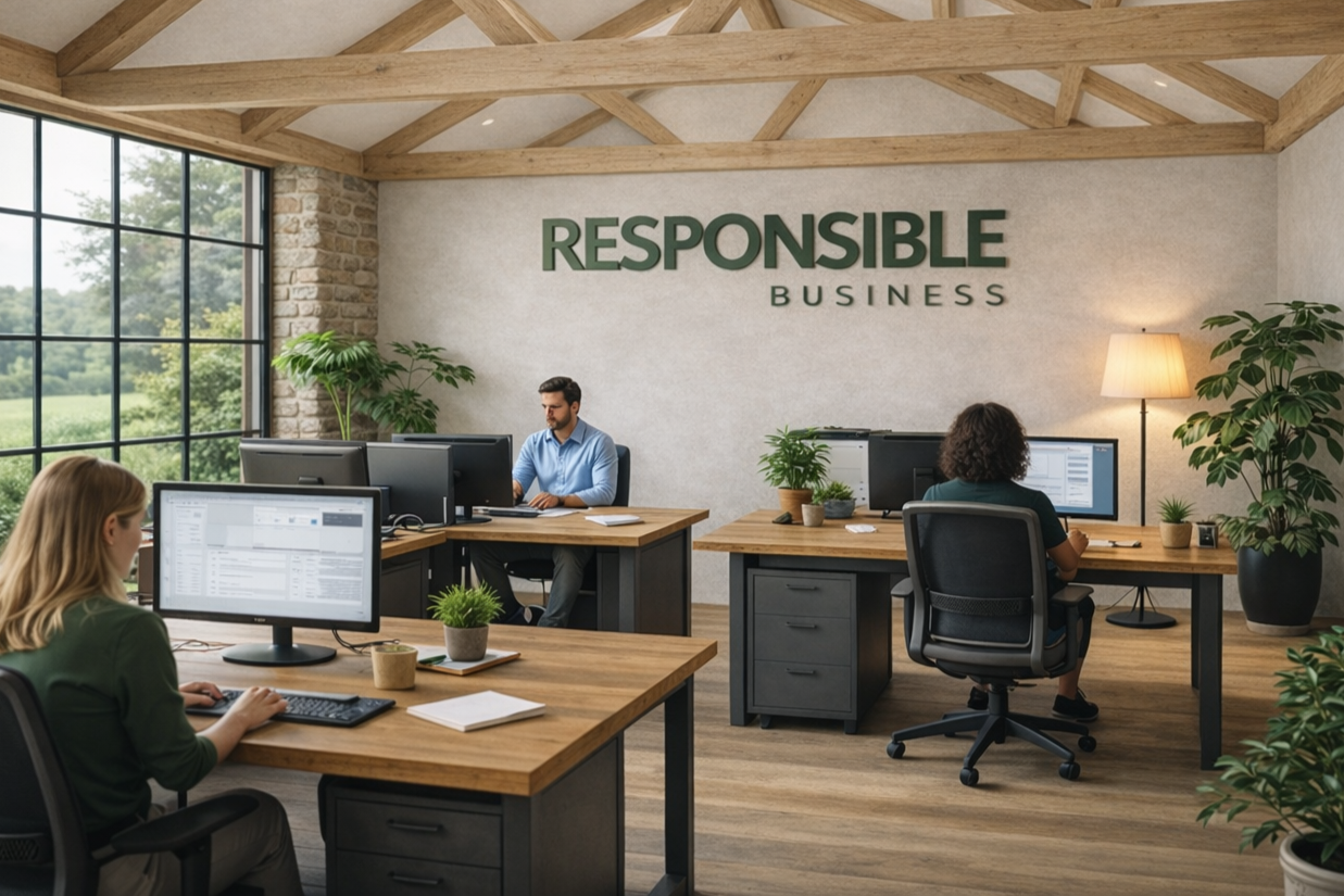 Office with three people working at desks, large window with greenery outside, sign on wall says "RESPONSIBLE BUSINESS," plants, and a lamp.
