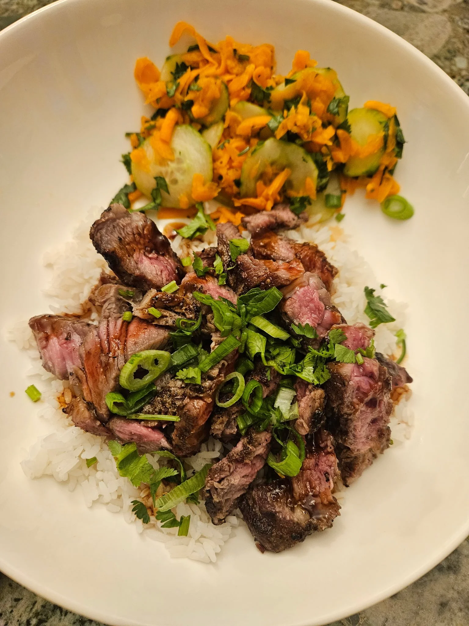 Easy Steak & Rice Bowl with Carrot Cucumber Salad