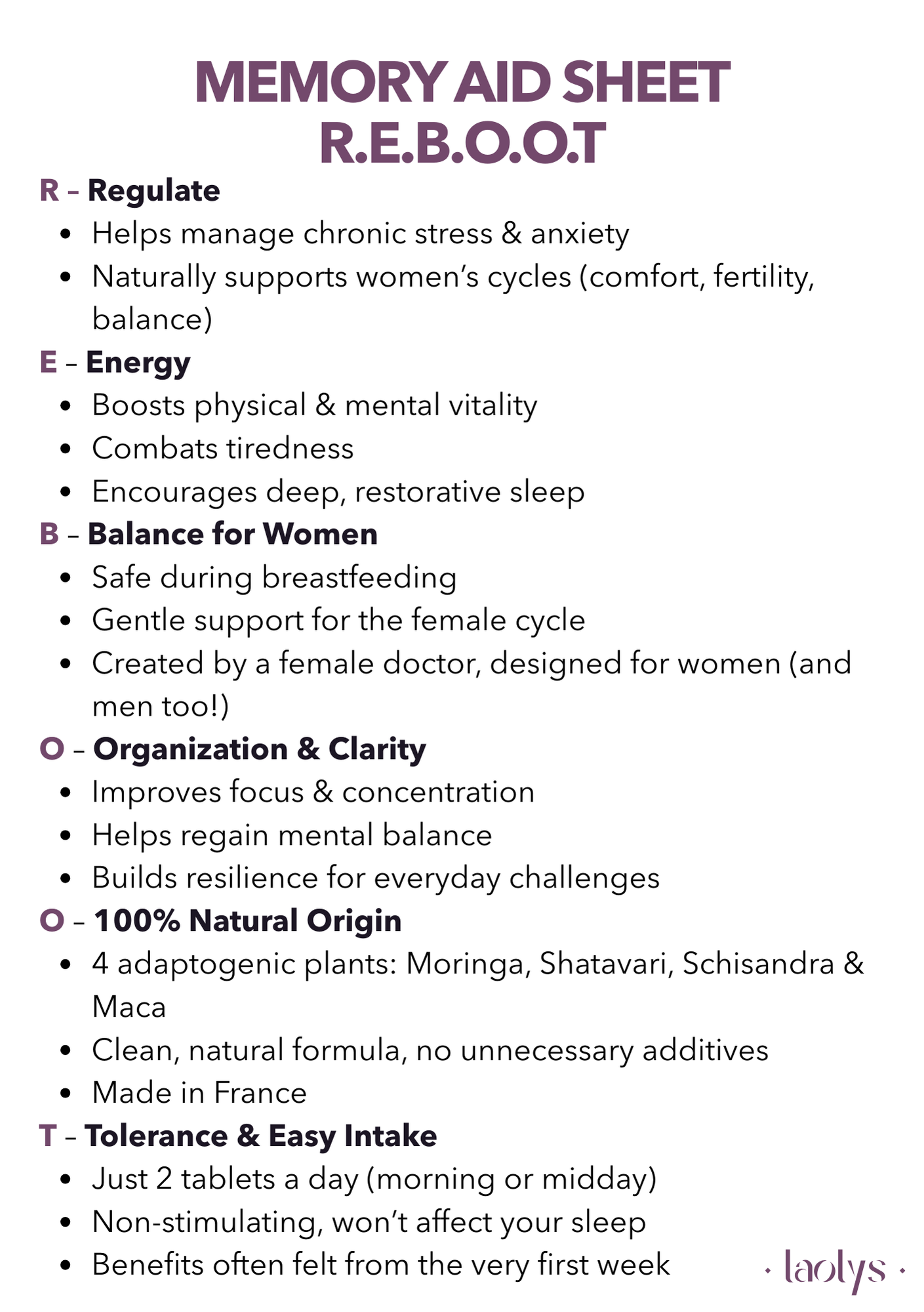 Feuille d'information intitulée "Memory Aid Sheet R.E.B.O.O.T" avec des sections sur la régulation, l'énergie, l'équilibre pour les femmes, l'organisation et la clarté, l'origine naturelle, la tolérance et la prise facile de compléments. Le document 