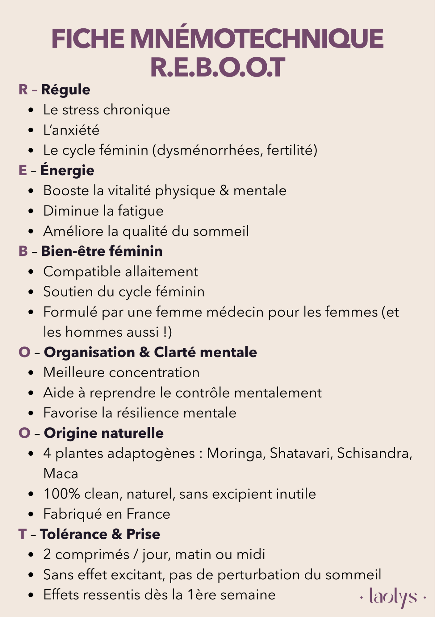Fiche mnémotechnique sur la méthode REBOOT avec des conseils pour la santé mentale, physique, émotionnelle et naturelle, créée par Ladys.