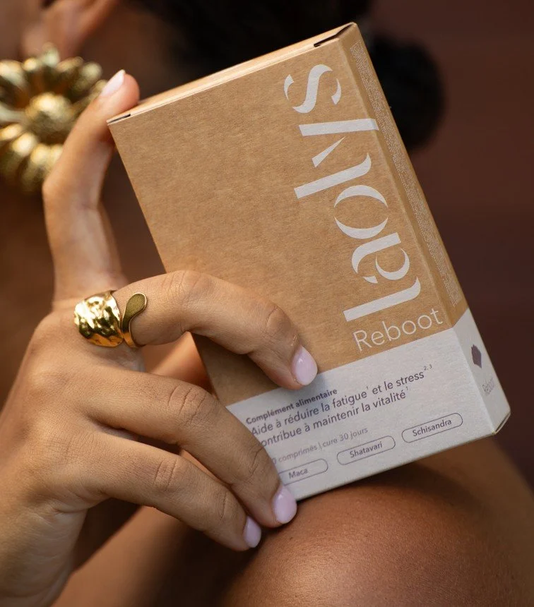 Une main tenant une boîte en carton marron intitulée 'Reboot'.
