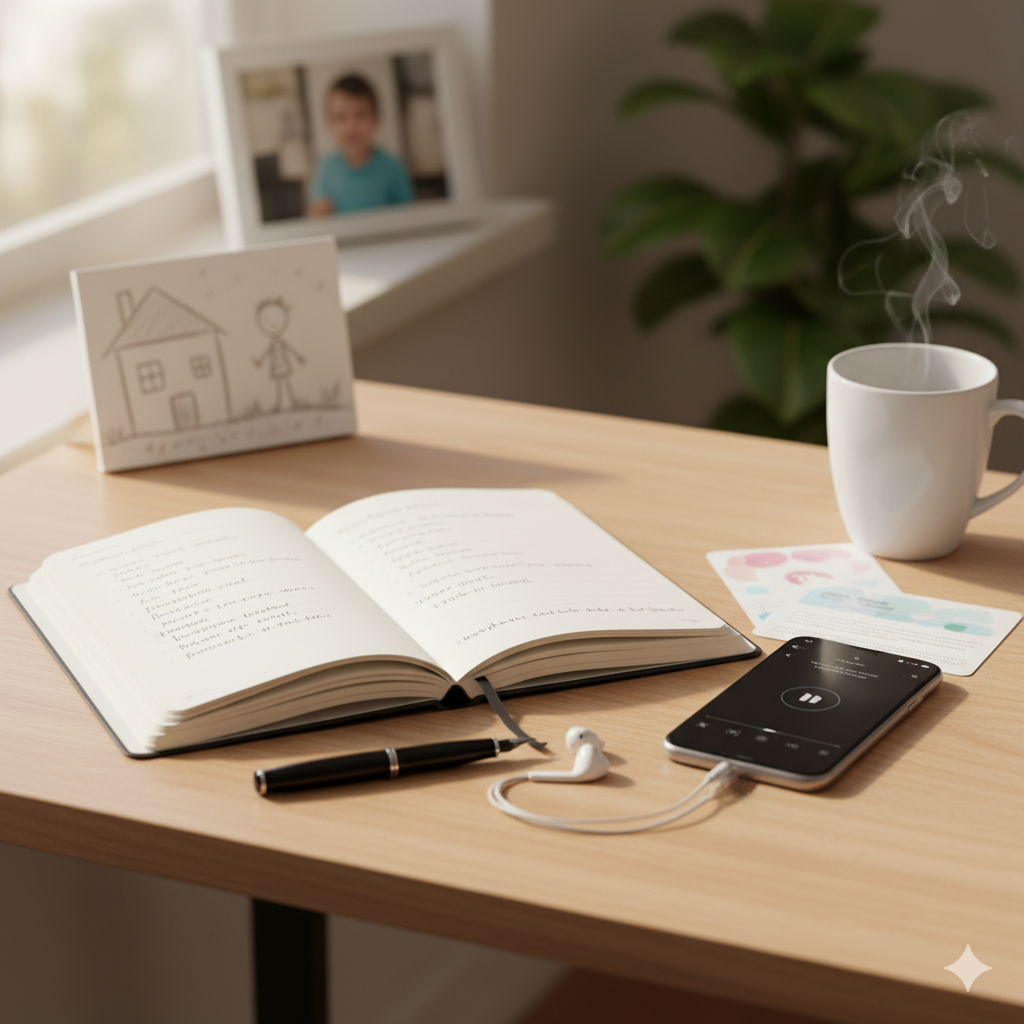 Scrivania con quaderno aperto, penna, tazza di caffè con vapor, cellulare che riproduce musica, foto di un bambino, cartolina con grafica colorata, e disegno di una casa con una pianta accanto, in uno studio ben illuminato.