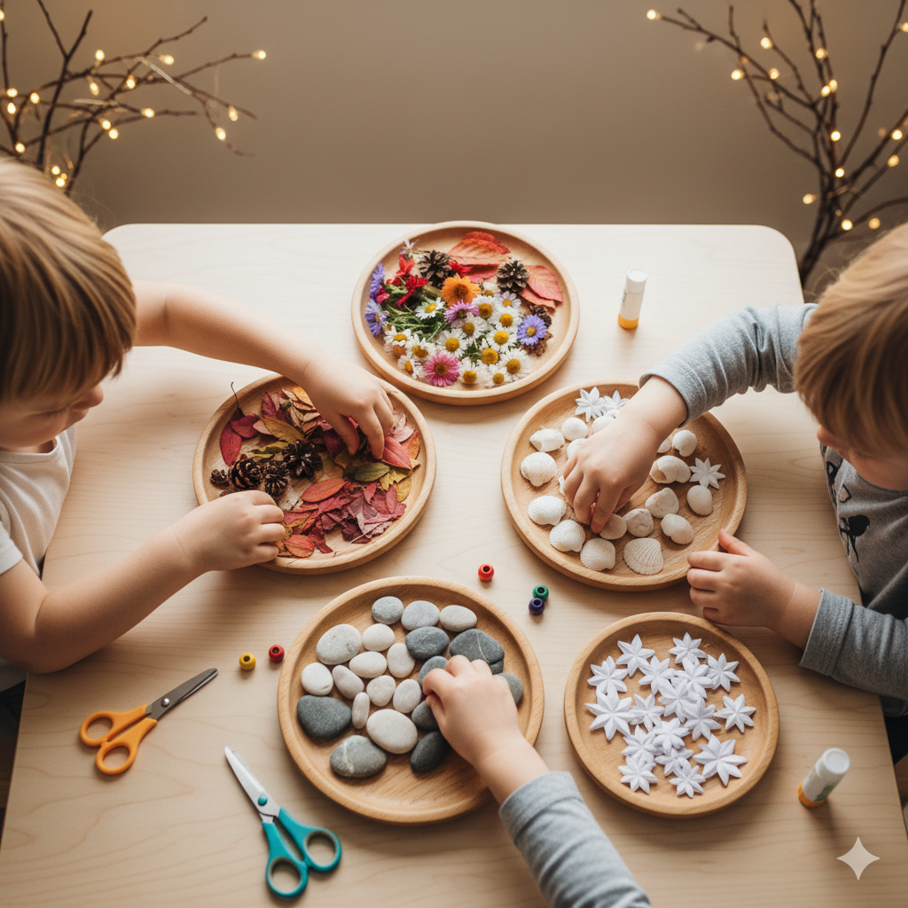 Due bambini che giocano con ciottoli, fiori di carta, foglie secche e altri materiali per creare decorazioni su un tavolo in legno.