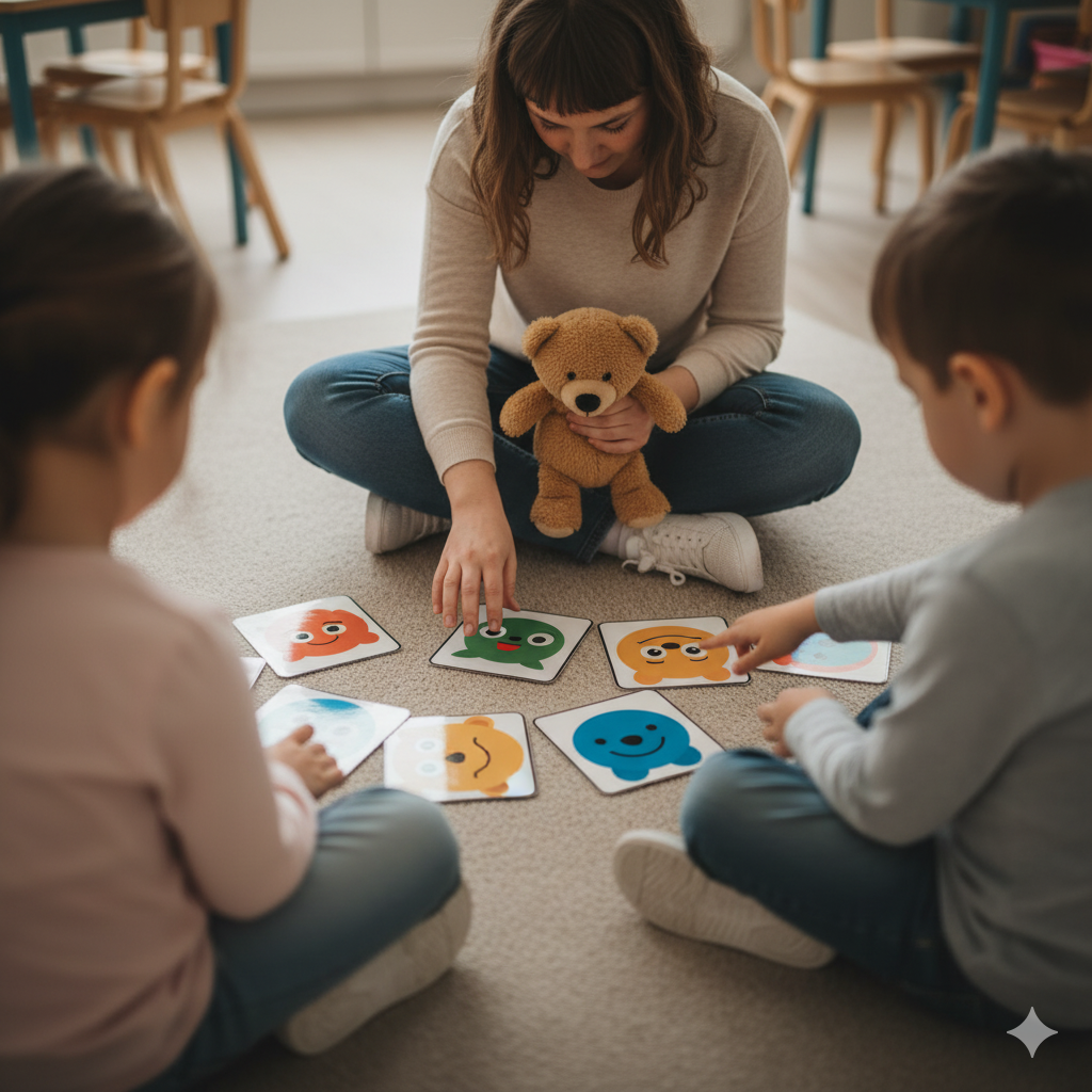 Un'educatrice con tre bambini seduti a terra in un'aula, che giocano con carte colorate raffiguranti faccine con diverse espressioni, mentre tiene un orsacchiotto.