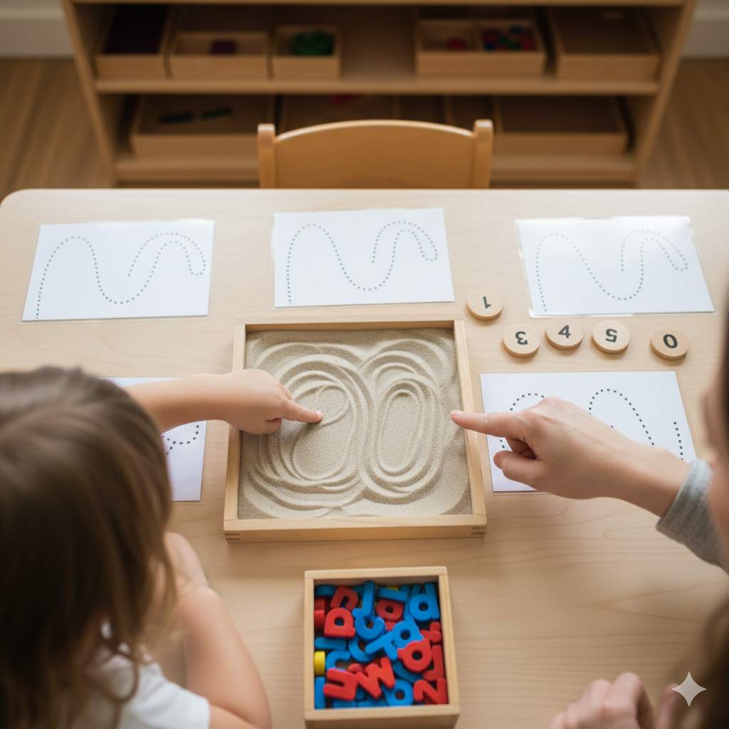 Un insegnante e un bambino che giocano con sabbia cinetica su un tavolo, usando le dita per disegnare e tracciare forme mentre ci sono schede con linee ondulate e lettere di legno appoggiate sul tavolo.