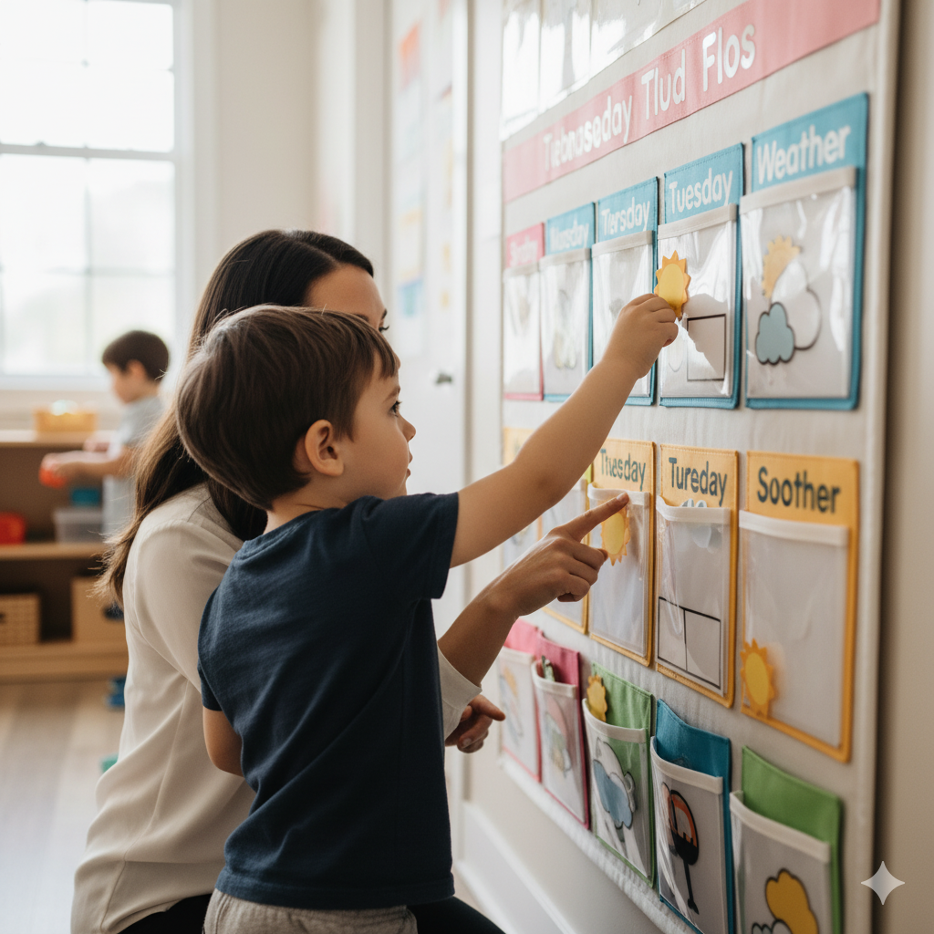 Due bambini in una classe, uno che si fa aiutare da un adulto a mettere un'icona del sole sulla tabella che mostra il tempo di martedì. Sfondo con altri bambini e decorazioni scolastiche.