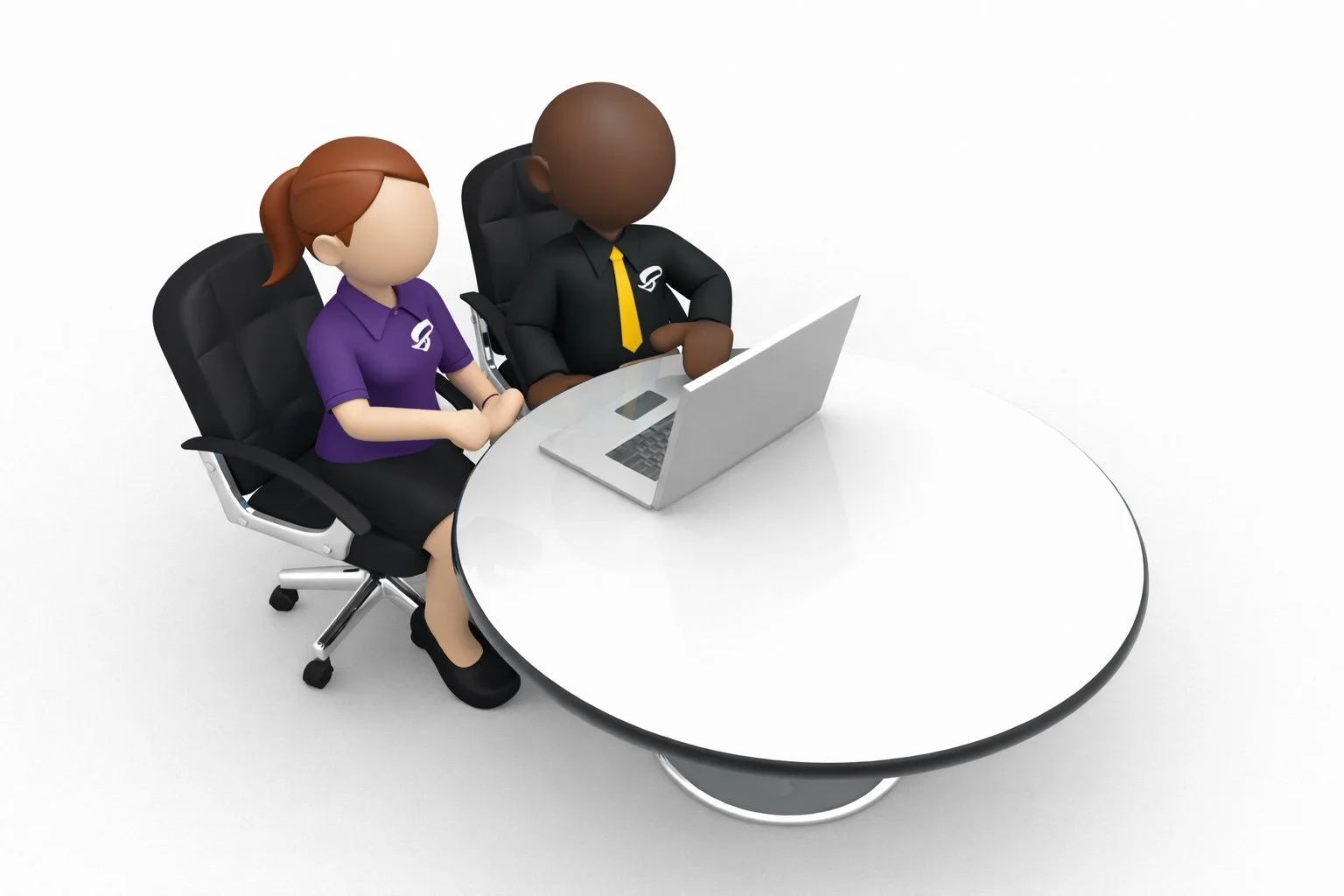 Two animated figures, a woman with brown hair in a ponytail and a man with dark skin and a shaved head, sit at a white round table with a laptop open in front of them. Both wear corporate attire with logos on their shirts.