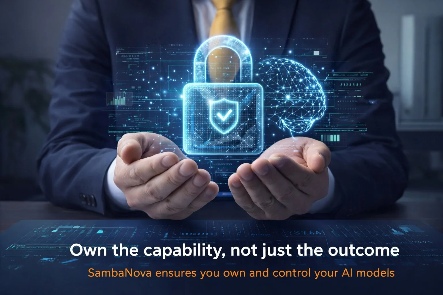A person in a business suit with a yellow tie holds out their hands, with a holographic digital lock and shield icon in the center, symbolizing AI security control. Text overlay reads: "Own the capability, not just the outcome. SambaNova ensures you own and control your AI models."