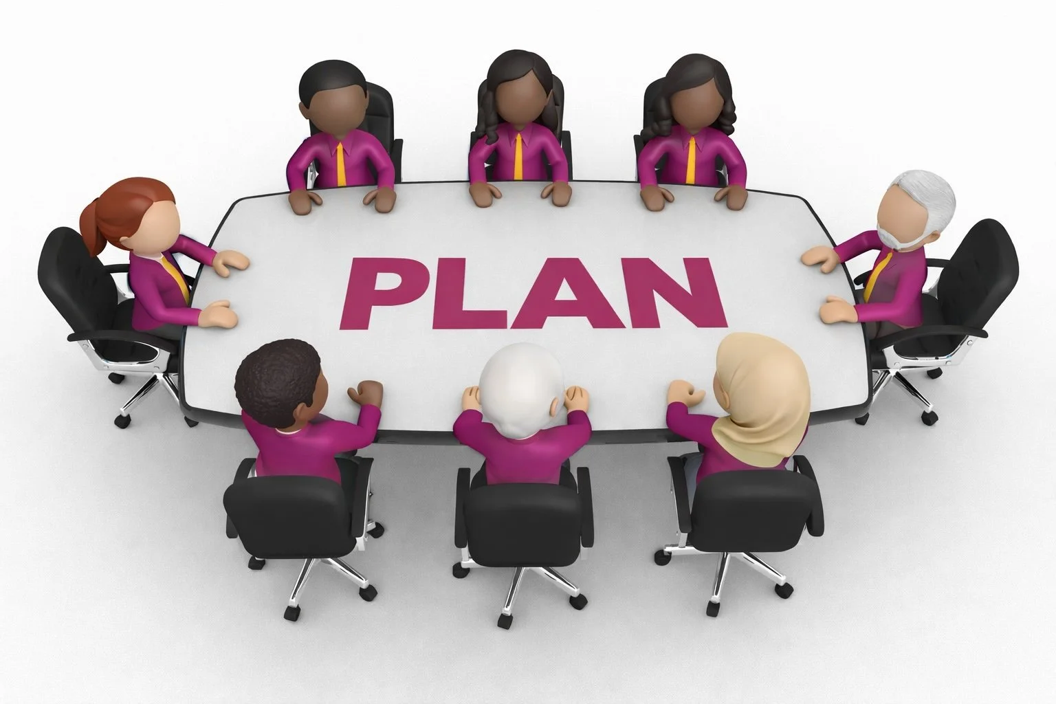 Group of cartoon people sitting around a conference table with the word "PLAN" written in large pink letters on the table.