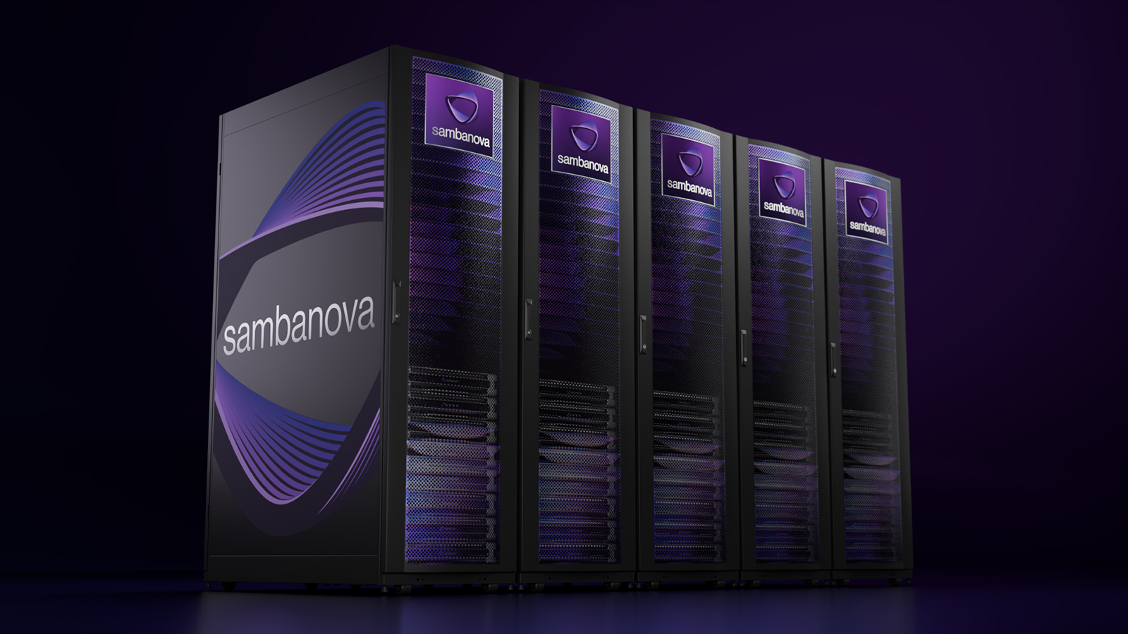 A server room with black server racks featuring purple and blue lighting, and the logo 'Sambanova' displayed on the front.