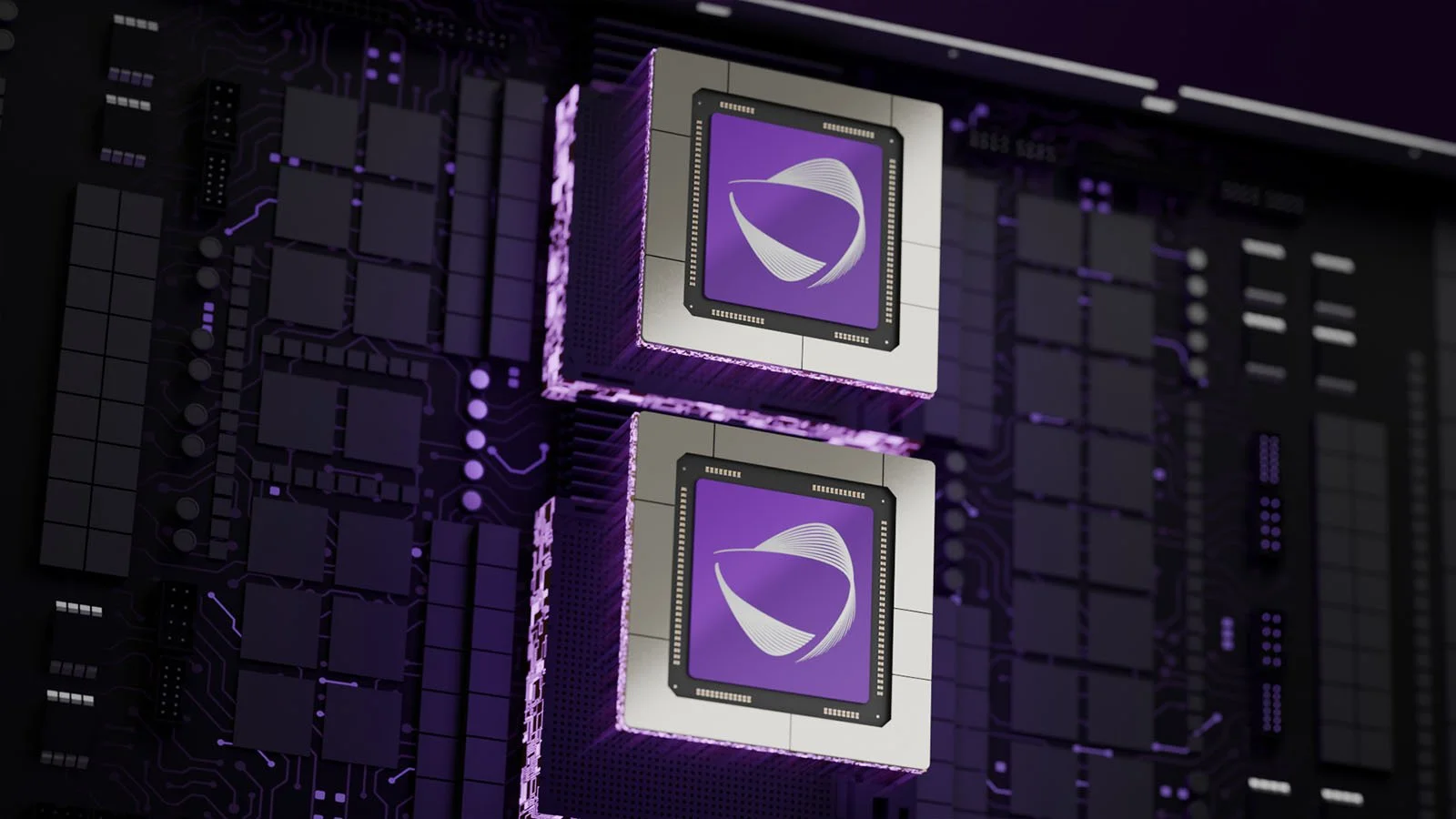 Close-up of a computer chip with two smaller chips mounted on a circuit board, illuminated with purple light.