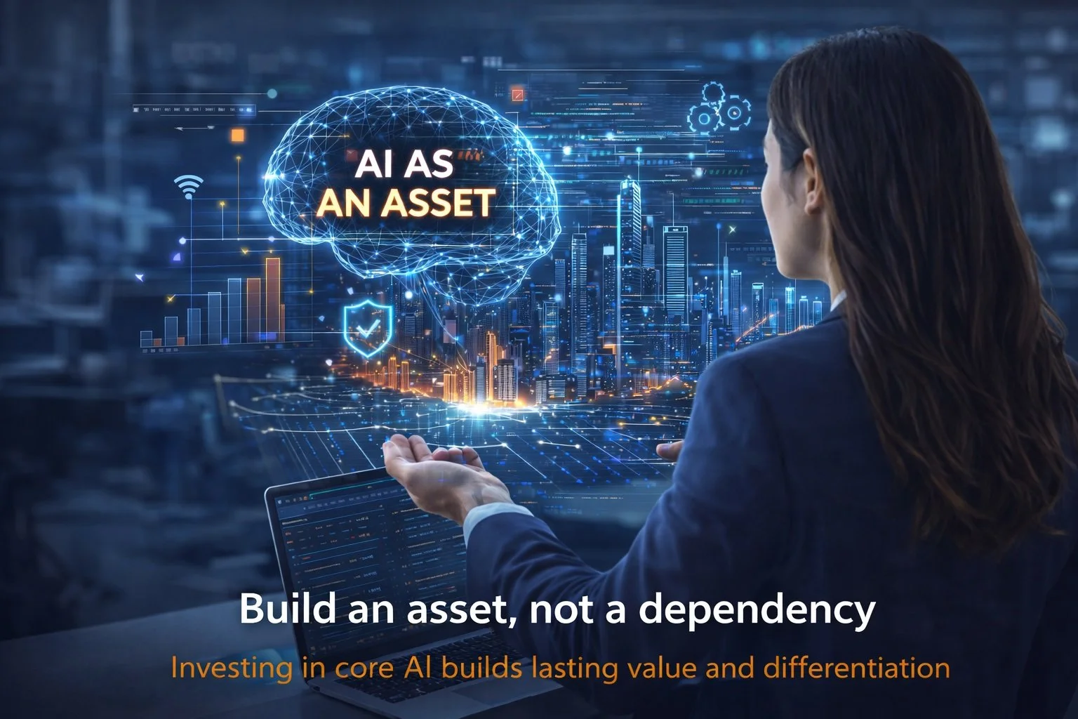 A woman in business attire holding a tablet, looking at a holographic display with a digital brain and cityscape, indicating AI as a financial asset, with text about investing in AI for lasting value.