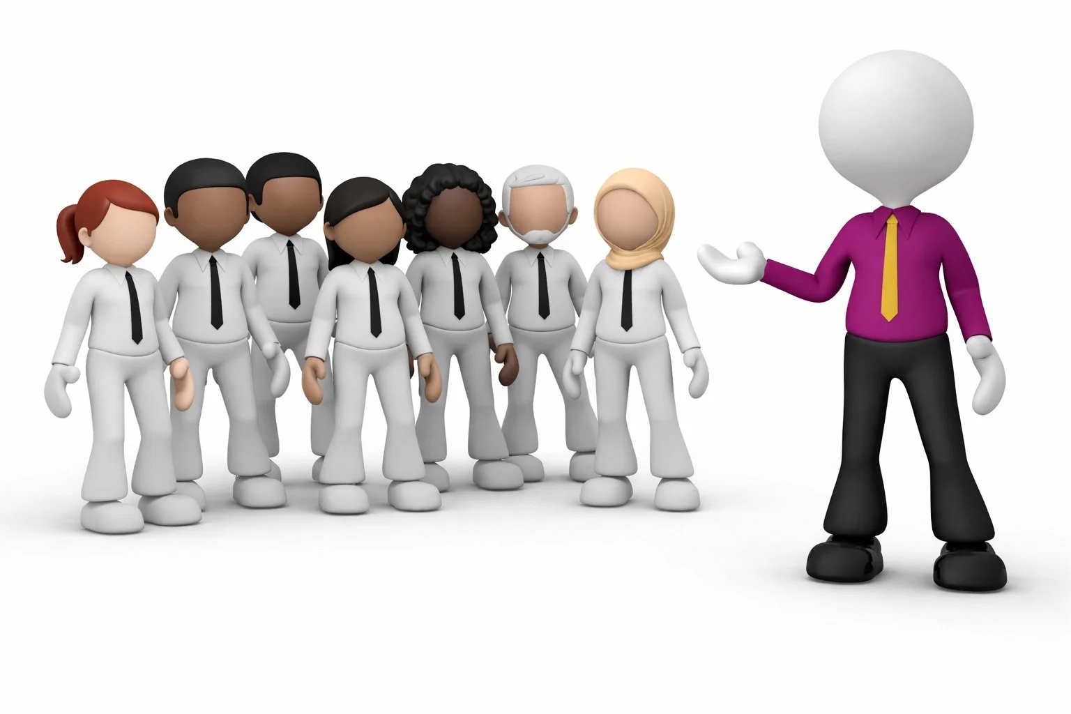 Group of cartoon people in white outfits with black ties listening to a speaker with a large white head, purple shirt, yellow tie, and black pants.