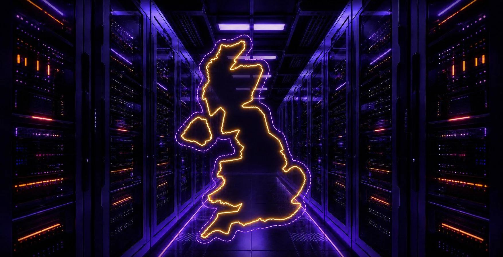 Neon outline of the map of the United Kingdom with a lightning bolt in the center, illuminated with purple and yellow lights inside a data center with server racks.