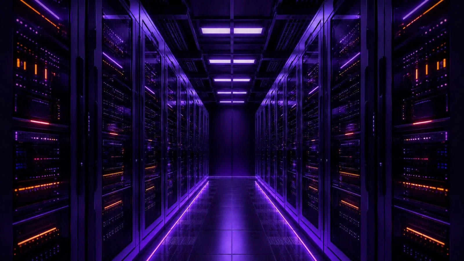 A futuristic server room with glowing purple and orange LED lights on server racks, illuminated by purple neon lighting.