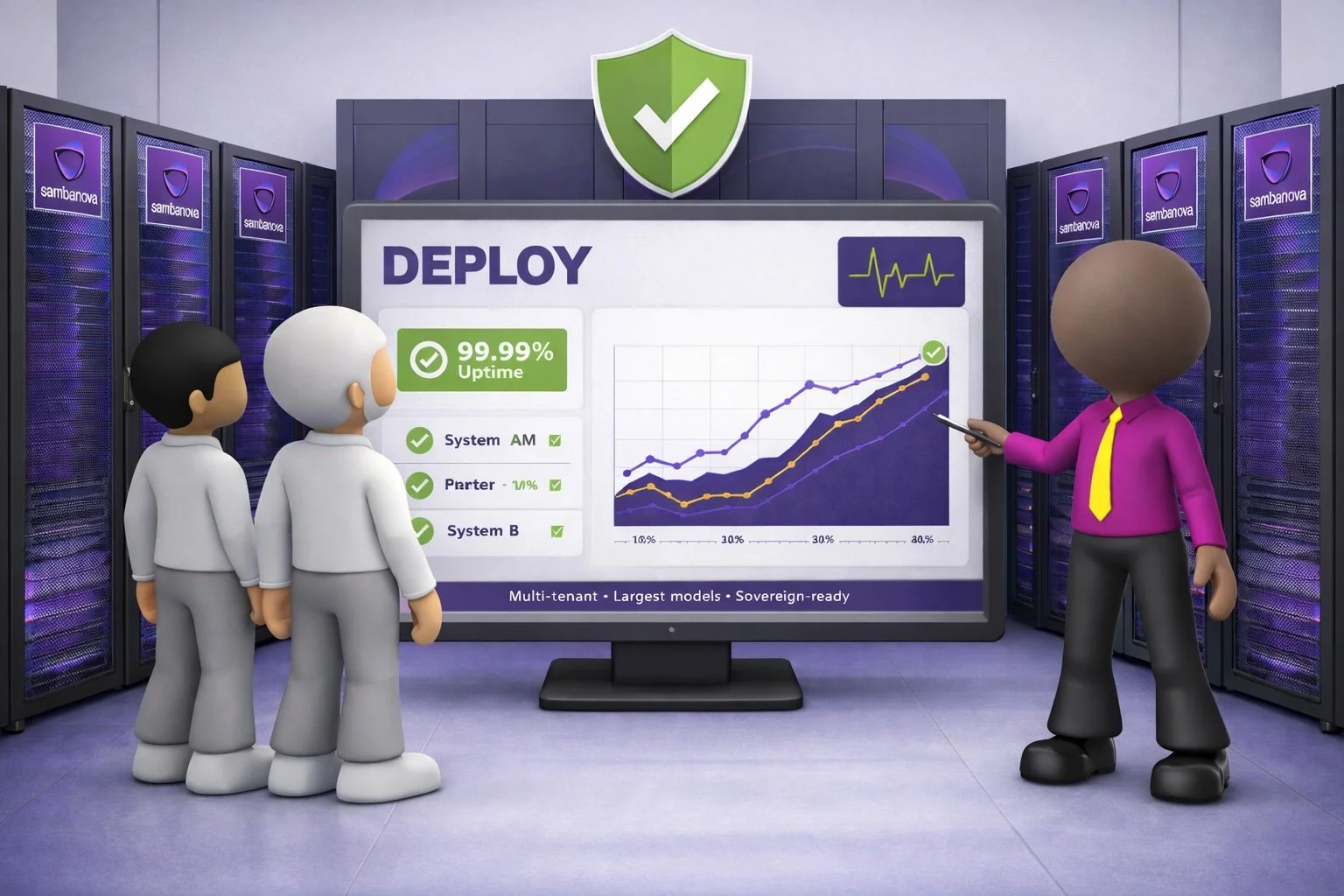 Animated characters of three people in a data center looking at a large screen showing system deployment progress, with success rate of 99.99% uptime, multiple line graphs, and checkmarks for system status.