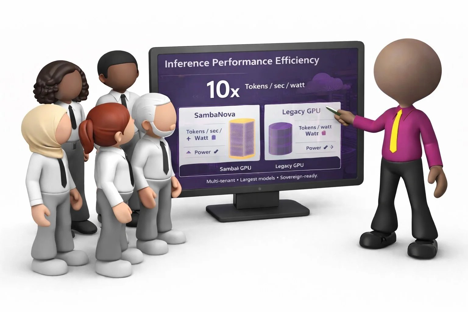 Cartoon figures of five people in business attire listening to a presenter pointing at a digital screen displaying performance comparison of SambaNova and Legacy GPU for inference efficiency.