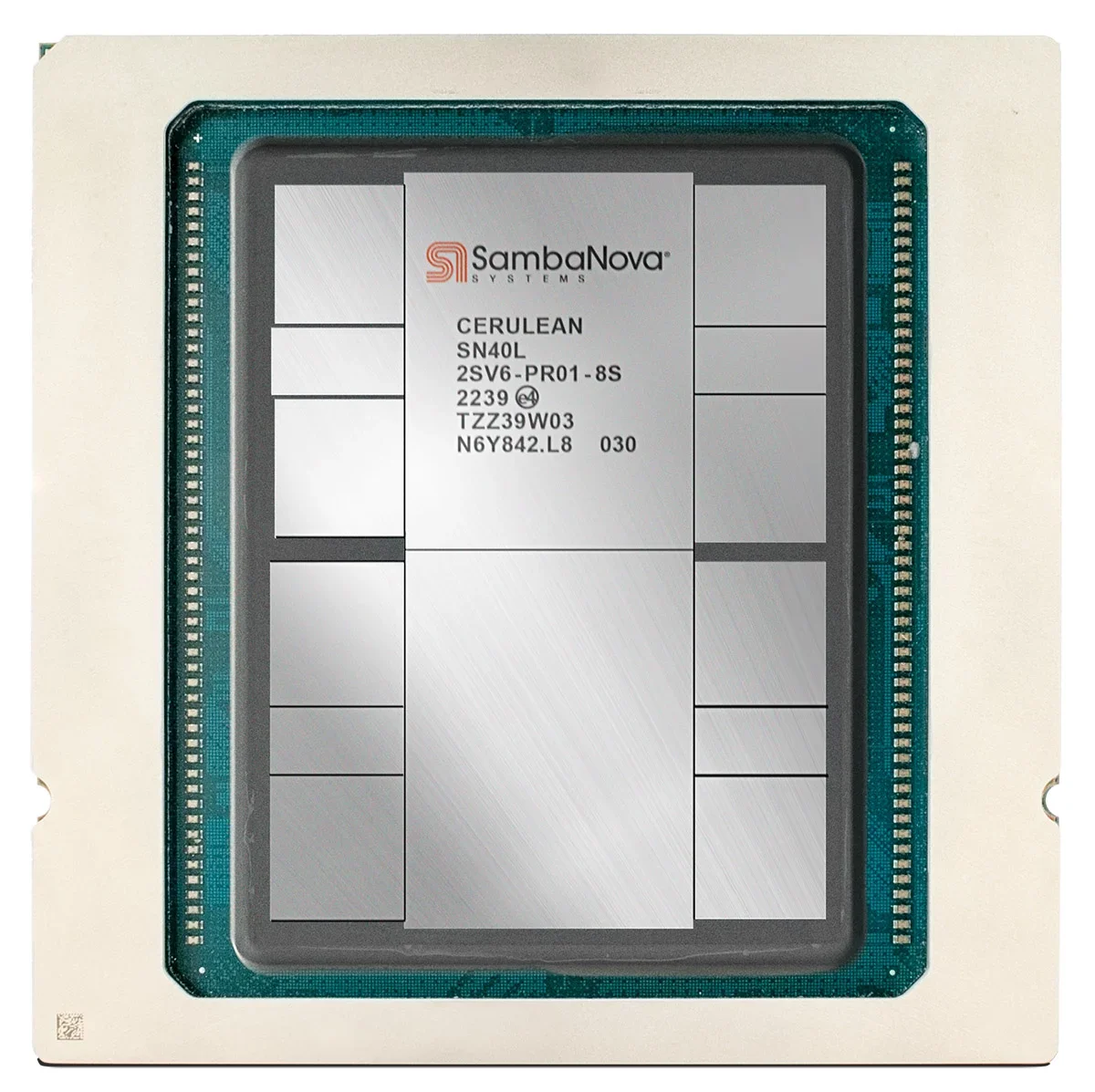 Close-up of a computer processor with a label from SambaNova Systems. The label includes model and serial numbers and other technical details.
