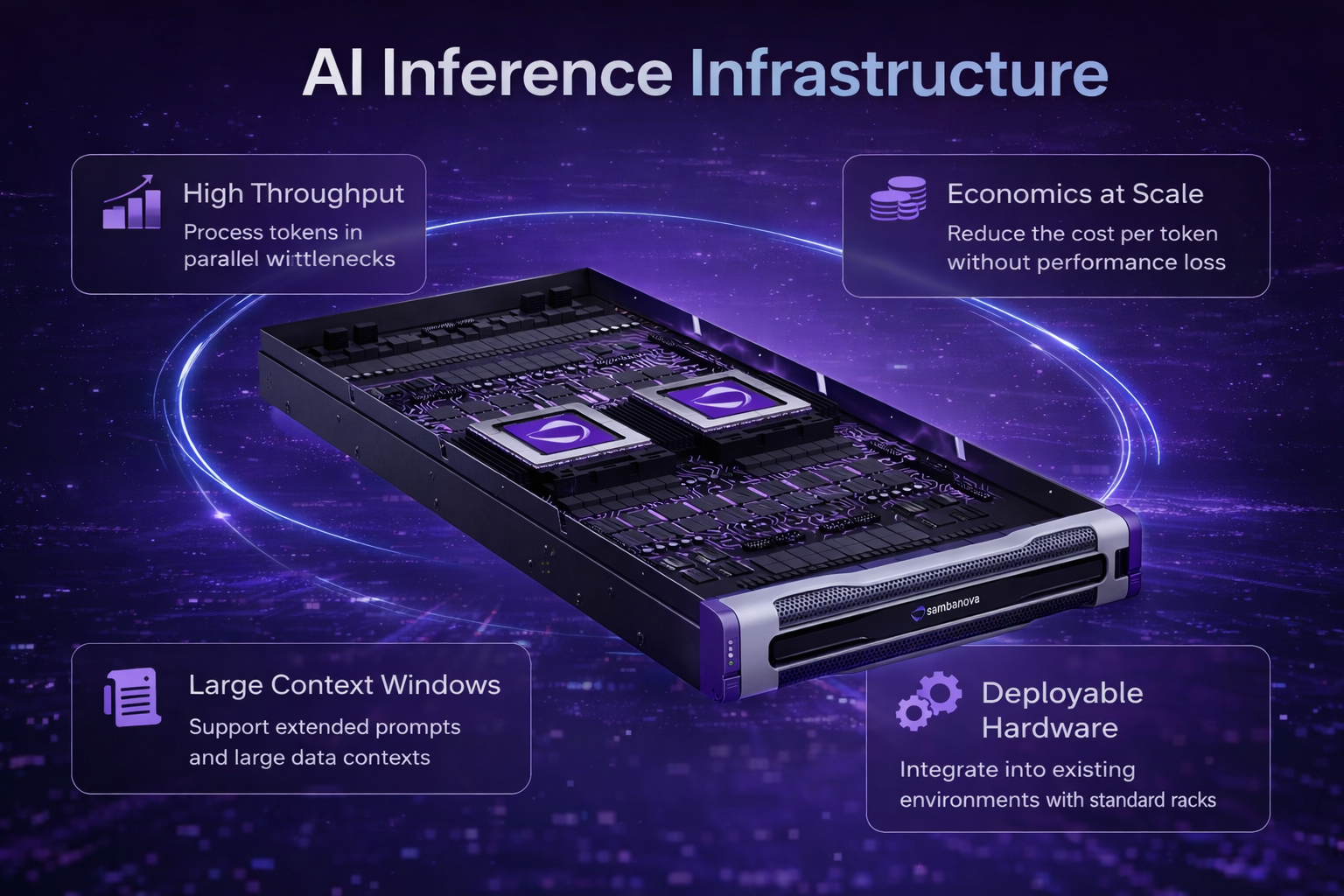 An infographic depicting AI inference infrastructure, featuring a server hardware component with labels highlighting high throughput, economics at scale, large context windows, deployable hardware, and an illustration of a digital galaxy background.