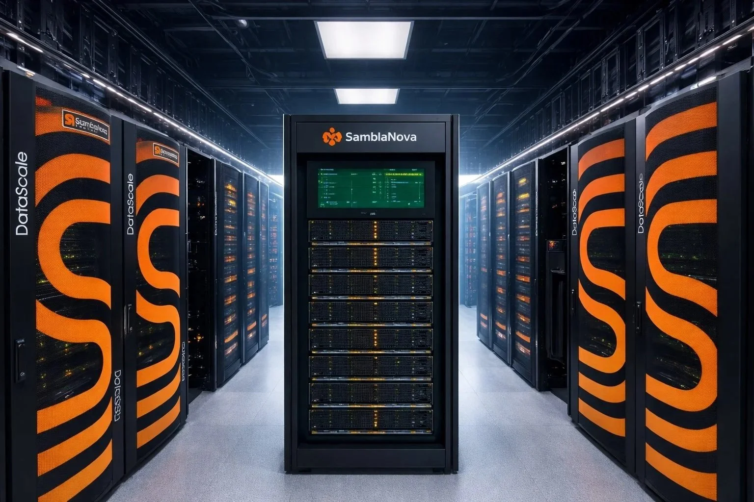 Data center with rows of black server cabinets with orange and black branding, labeled 'Dotscale' and 'SambaNova'; central server with a digital display and the SambaNova logo.
