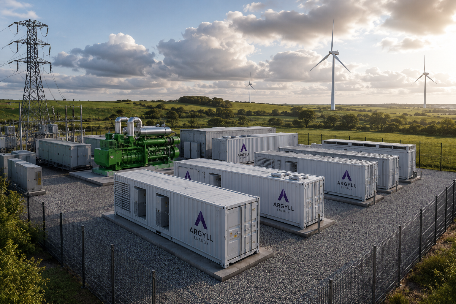 A renewable energy site with containers labeled 'ARGYLL ENERGY', wind turbines in the background, and electrical infrastructure amid a green landscape under a partly cloudy sky.