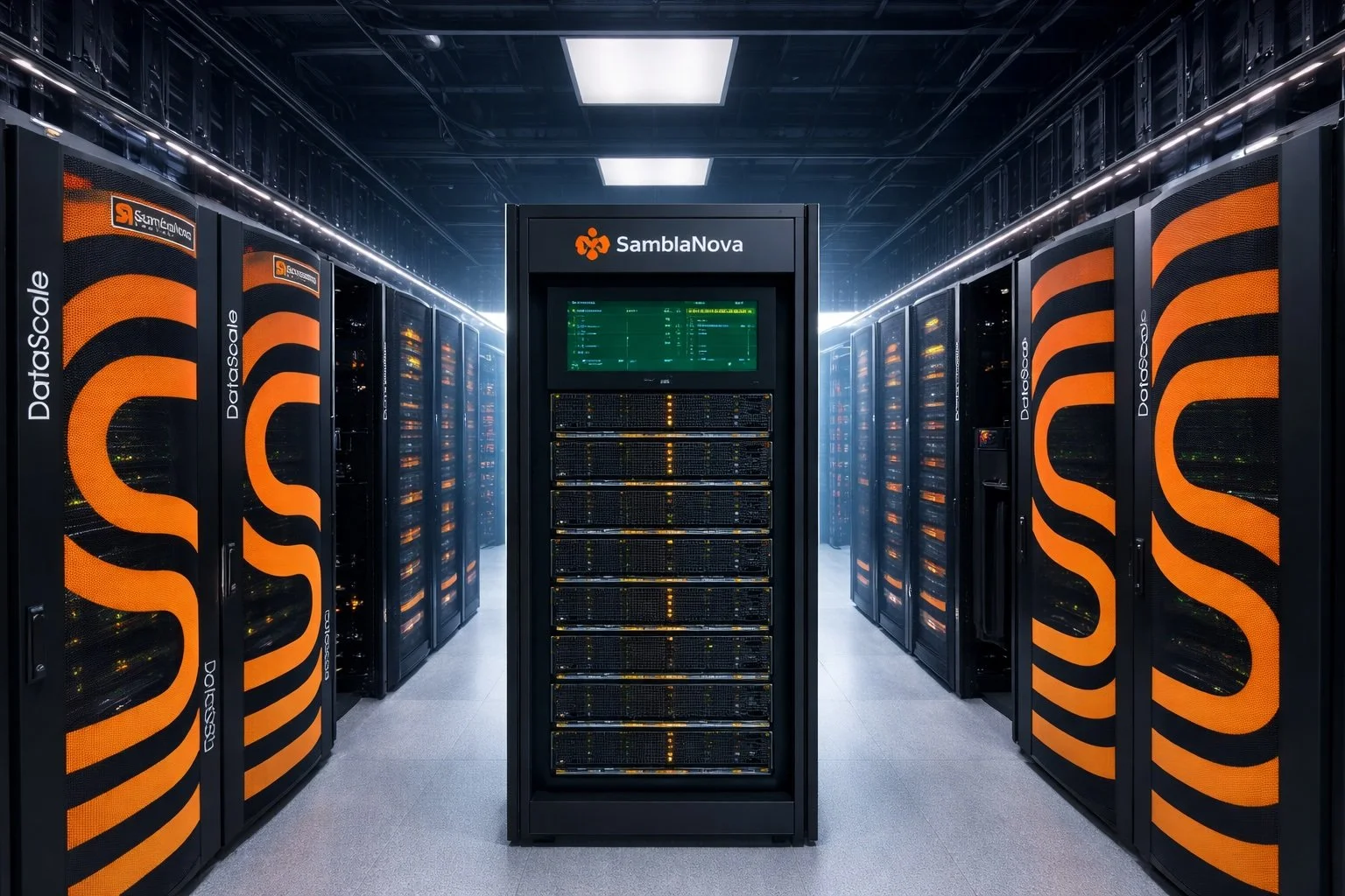 A data center with rows of black server racks with orange accents, central black server rack with a digital screen, and bright overhead lighting.