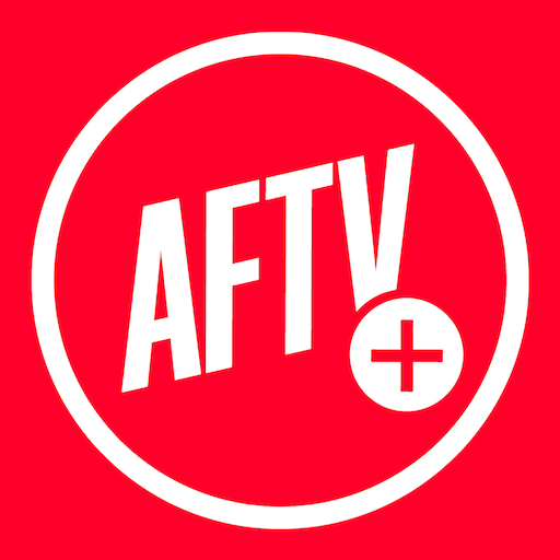 Red background with white circle and the text "AFTV" in bold white letters inside it, along with a plus sign in a smaller circle.