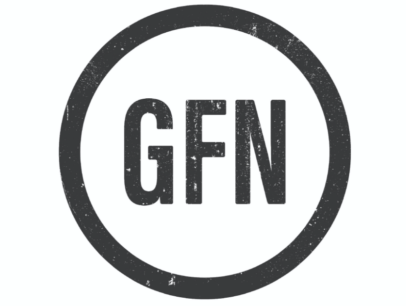 Black circular logo with the letters "GFN" in the center, featuring a distressed texture.