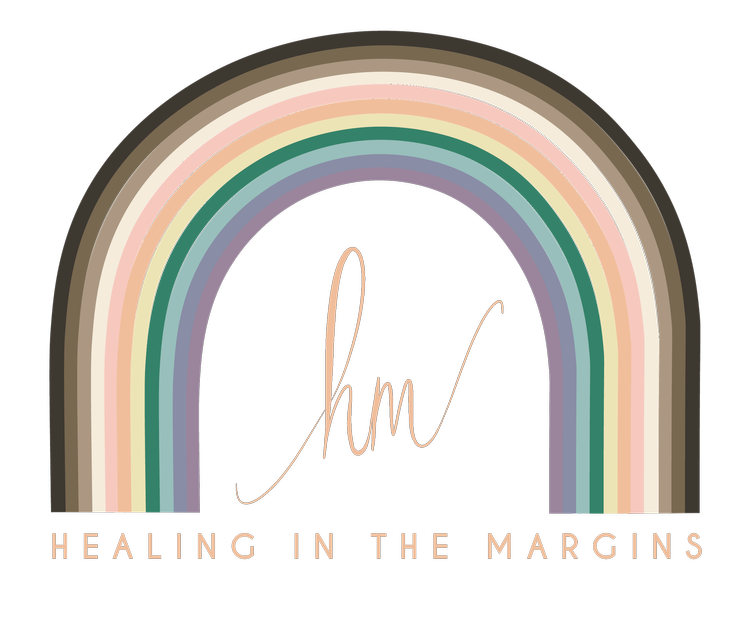 Multicolored pastel rainbow with the initials "hm" in the center and the text "HEALING IN THE MARGINS" below on a black background.