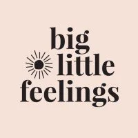 "big little feelings" text logo with sunburst design on beige background.