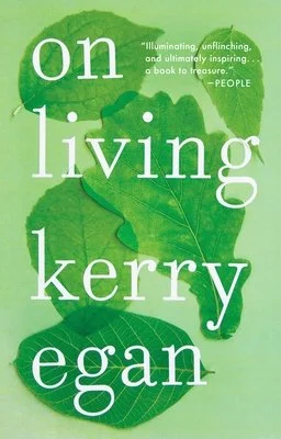 "On Living" book cover featuring green leaves with white text.
