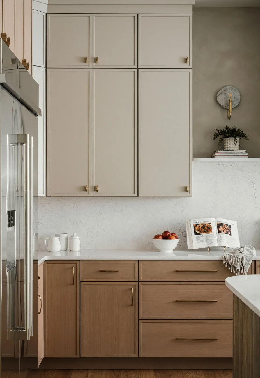 Modern kitchen cabinetry with beige upper cabinets and natural wood lower cabinets, white marble backsplash, and a white countertop. Items include a white bowl of apples, an open cookbook, and decorative elements on the wall.