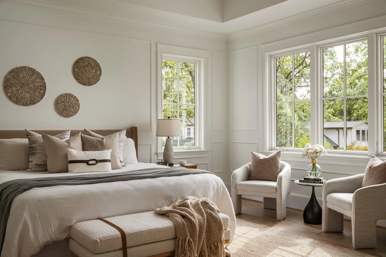 Bright bedroom with large windows, white walls, and neutral decor, including a bed with multiple pillows, a bench at the foot of the bed with a throw blanket, and two armchairs with a small table and flower vase in between.