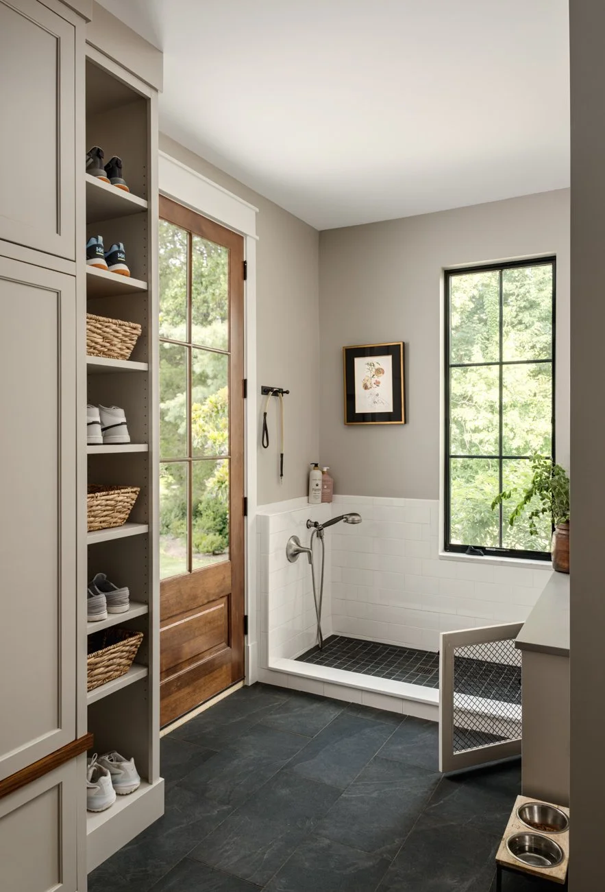 A bathroom with a black slate tiled floor, a small walk-in shower with white tile walls and a black tile floor, a wooden door with glass panels, and large windows showing greenery outside. There are shelves with shoes and baskets, a framed artwork on
