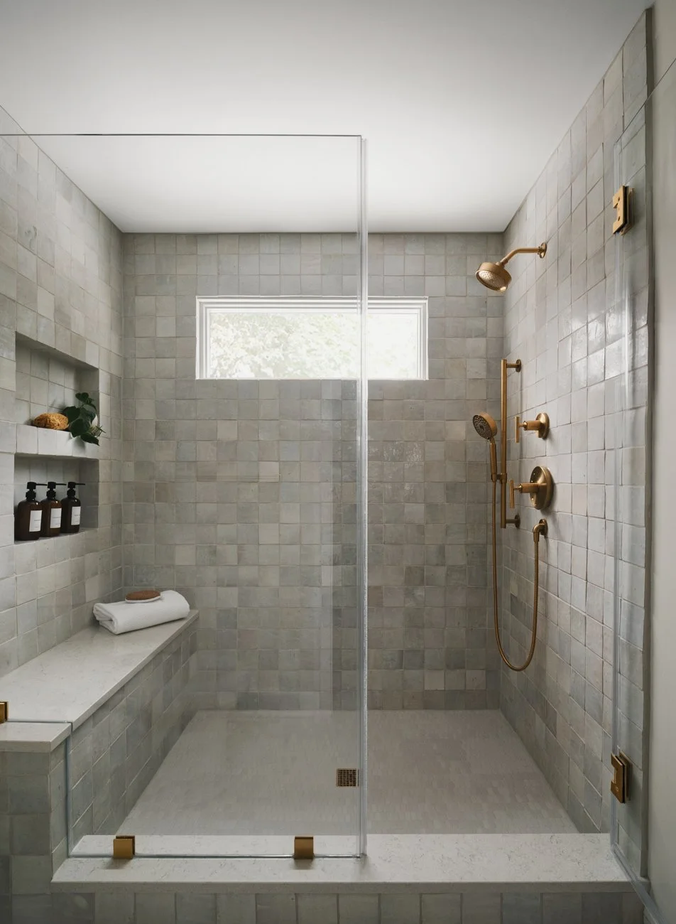 Modern walk-in shower with beige tiled walls, gold fixtures, a built-in bench with towel and soap, a niche with amenities, and a window allowing natural light.