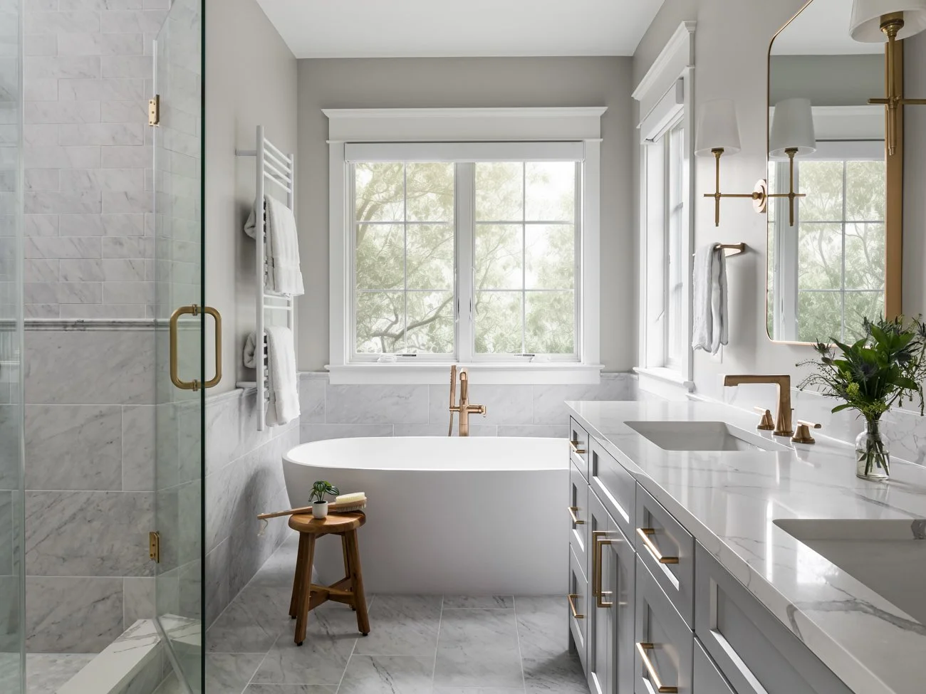Bright bathroom with a freestanding bathtub, double sink vanity, marble tile, glass shower, and windows with view of trees.